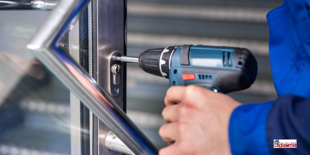 A close-up shot captures a locksmith in Water Mill, in a blue uniform, using a power drill to work on the lock mechanism of a modern glass door with a polished metal handle. The background is blurred, suggesting a sheltered outdoor setting.