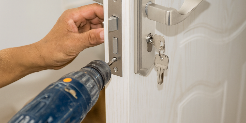 Kwikset locksmith installing a silver Kwikset door handle with a power drill, keys hanging from the lock, steady hand guiding screws in a project near Baiting Hollow Rd and Cottage Ave, East Hampton, NY.