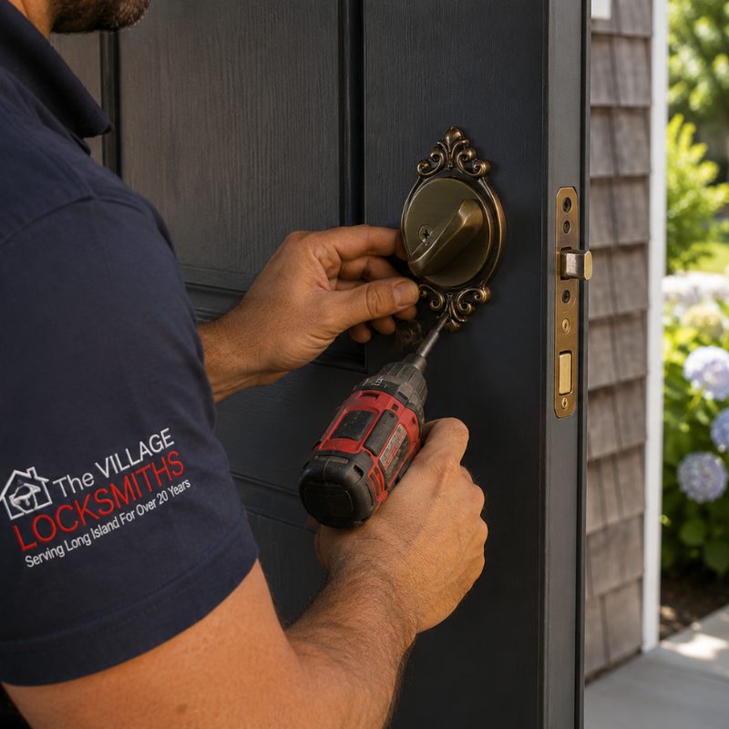 Village Locksmiths technician installing a front door lock