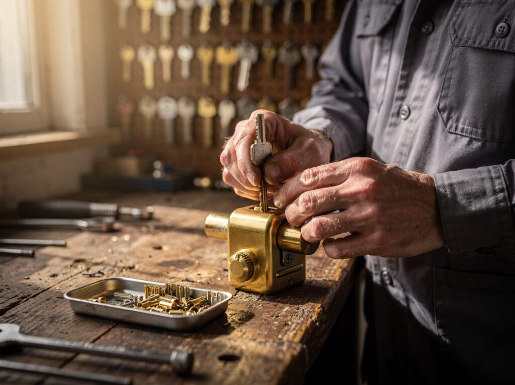 Locksmith rekeying a lock cylinder at a workbench
